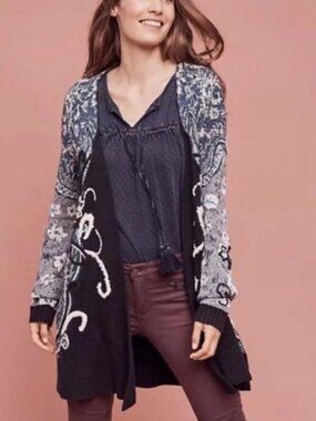 Anthropologie HWR Emmia Boho Hand Embroidered Open Knit Cardigan Sz M